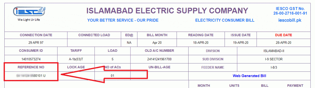 Where is Reference Number on IESCO Bill